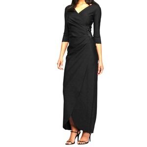 Alex‎ Evenings Black Maxi Dress Formal Rhinestone Ruched 3/4 Sleeve